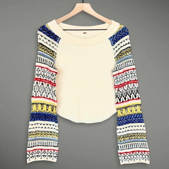 Free People Fairground Thermal Folk Boho Cream Long Bell Statement Sleeve Top XS - Picture 2 of 10